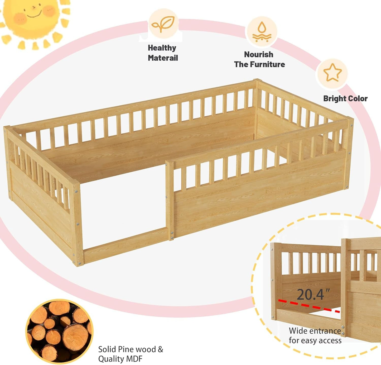 Twin Floor Bed with High Safety Rails