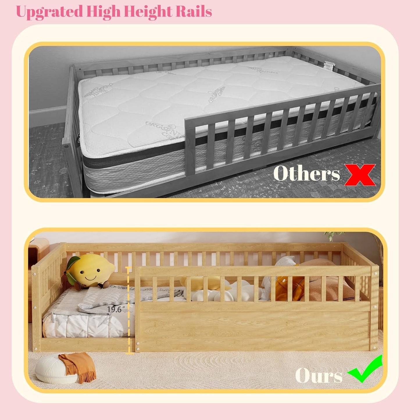 Twin Floor Bed with High Safety Rails