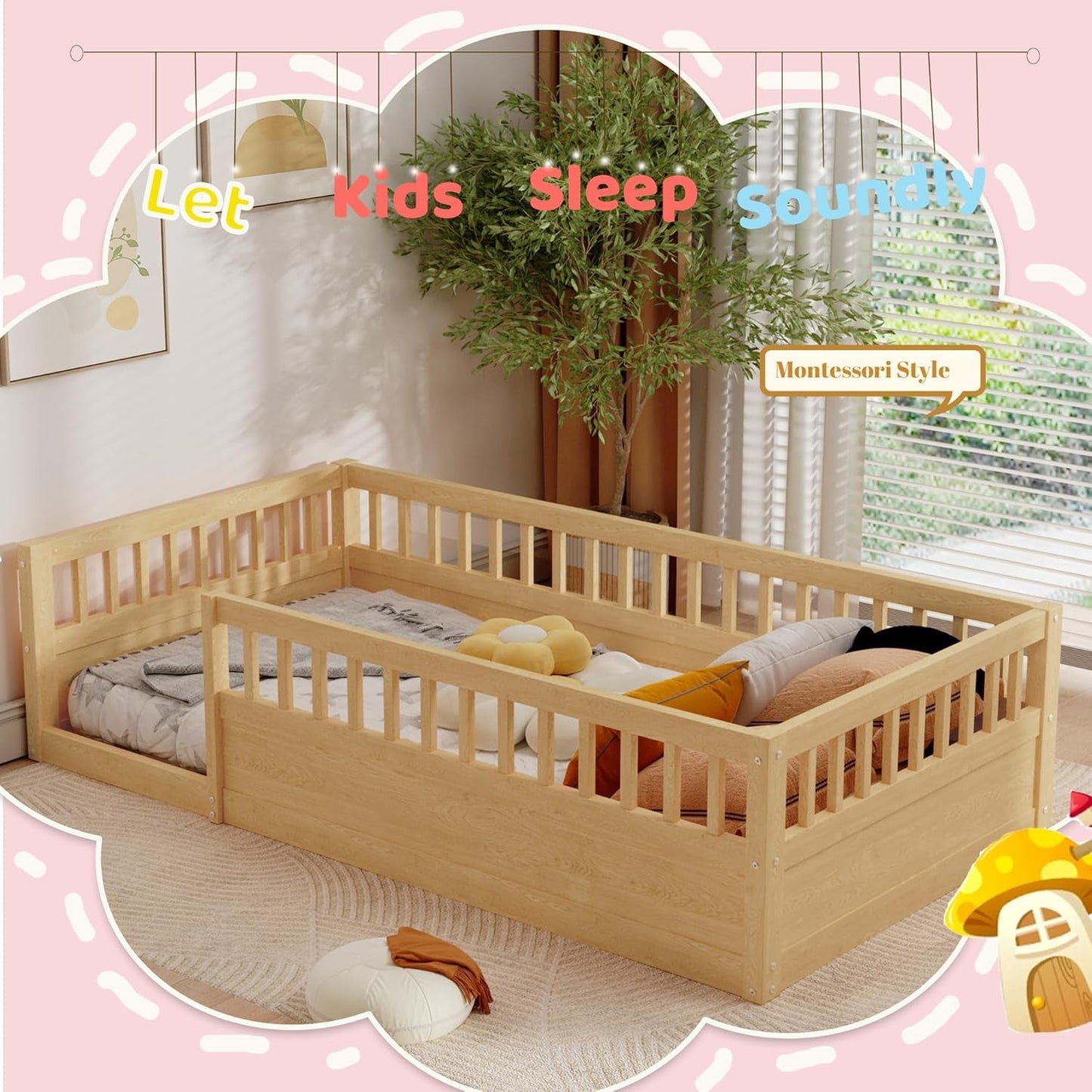Twin Floor Bed with High Safety Rails