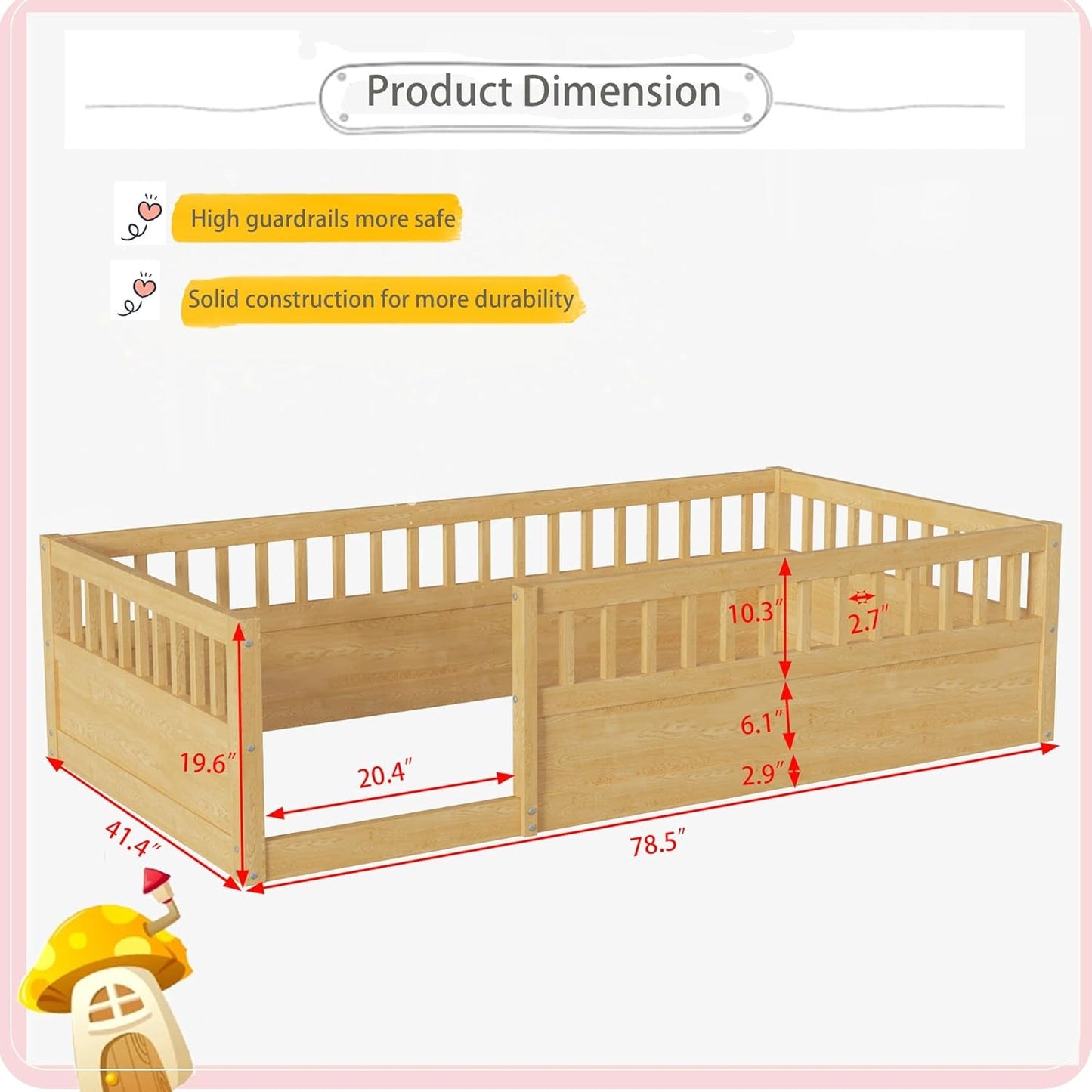 Twin Floor Bed with High Safety Rails