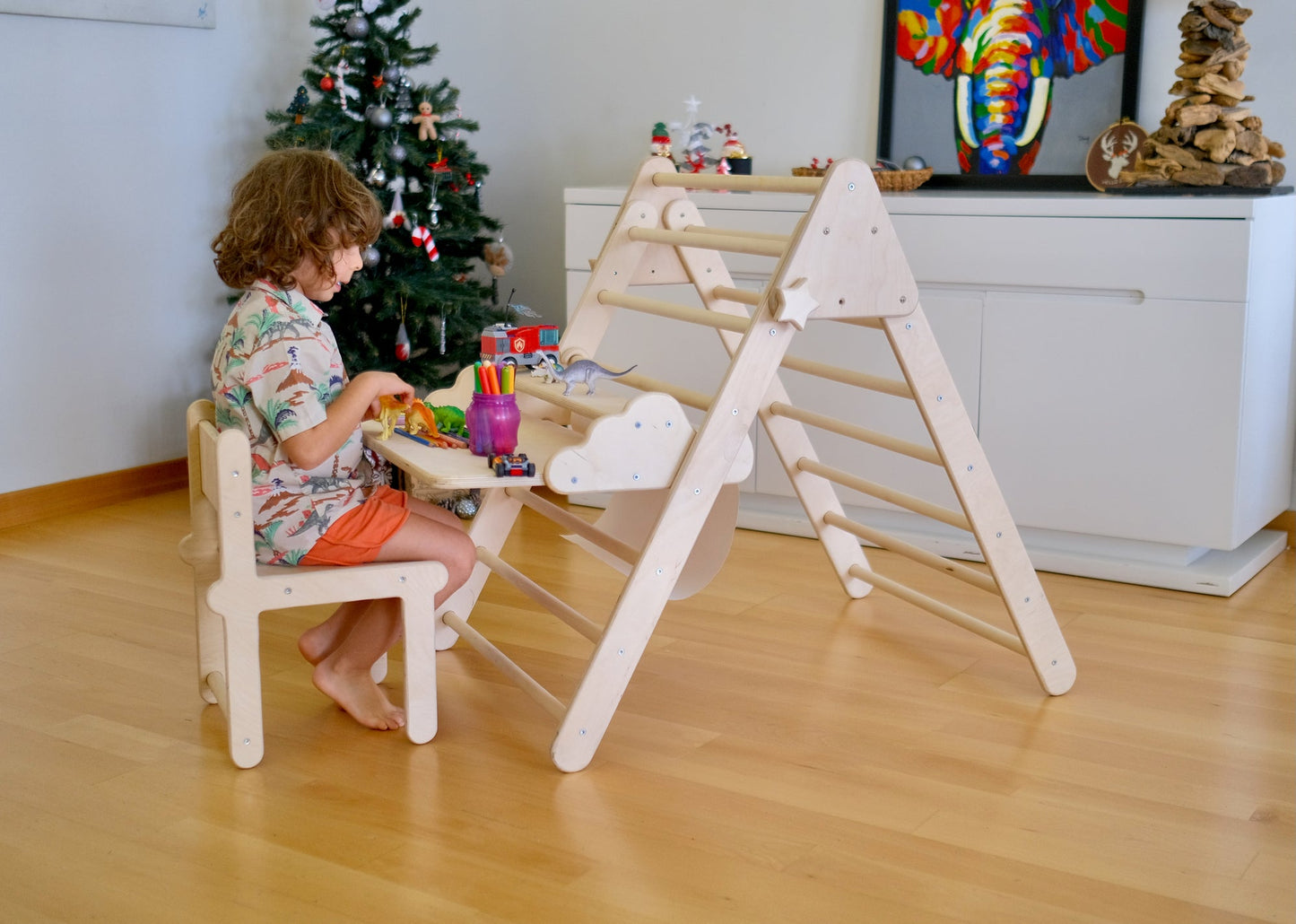 Foldable Montessori Climbing Triangle Set with Portable Table