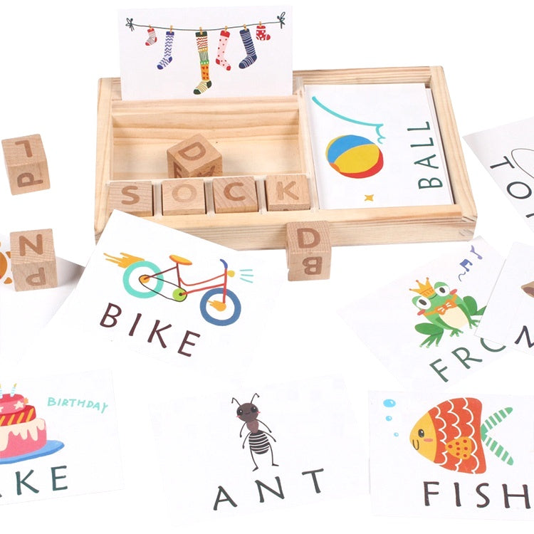 Wooden English Word Learning Cards – 24-Word Educational Game