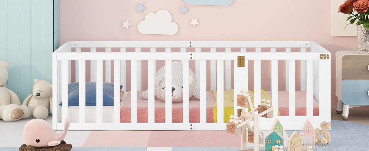 Twin Size Montessori Floor Bed with Fence & Door