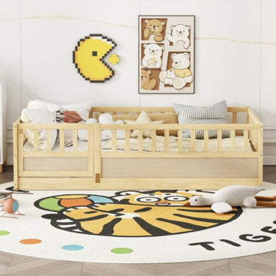 MontessoriPlay™ – Twin Size Wooden Floor Bed with Safety Rails & Door