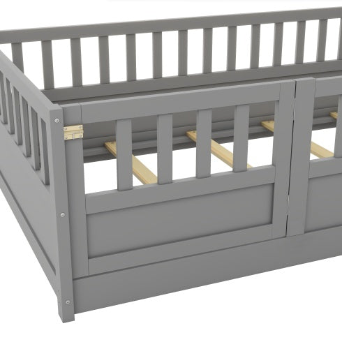MontessoriPlay™ – Twin Size Wooden Floor Bed with Safety Rails & Door