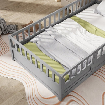 MontessoriPlay™ – Twin Size Wooden Floor Bed with Safety Rails & Door