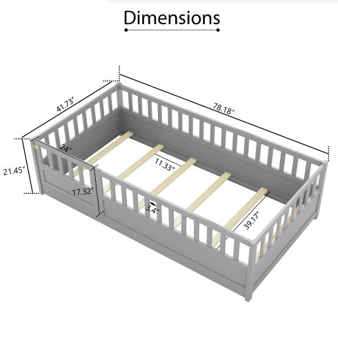 MontessoriPlay™ – Twin Size Wooden Floor Bed with Safety Rails & Door