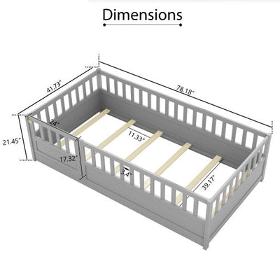 MontessoriPlay™ – Twin Size Wooden Floor Bed with Safety Rails & Door