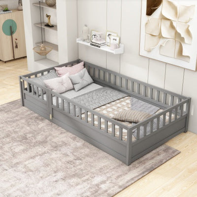 MontessoriPlay™ – Twin Size Wooden Floor Bed with Safety Rails & Door