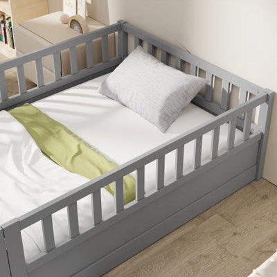 MontessoriPlay™ – Twin Size Wooden Floor Bed with Safety Rails & Door