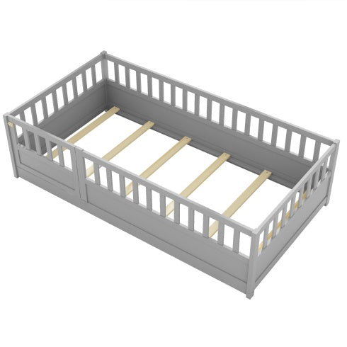 MontessoriPlay™ – Twin Size Wooden Floor Bed with Safety Rails & Door