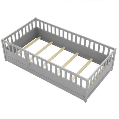 MontessoriPlay™ – Twin Size Wooden Floor Bed with Safety Rails & Door