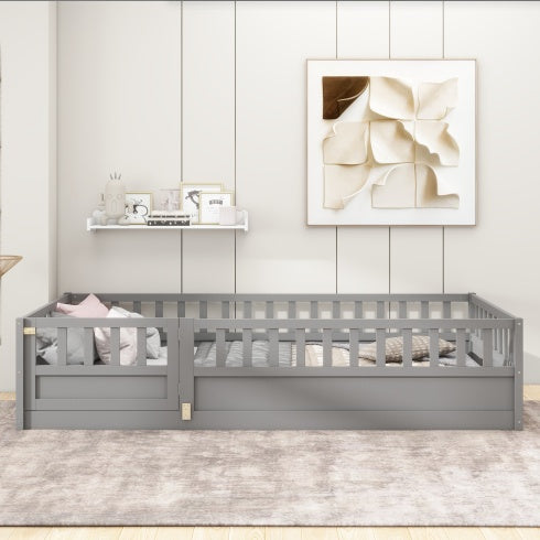 MontessoriPlay™ – Twin Size Wooden Floor Bed with Safety Rails & Door