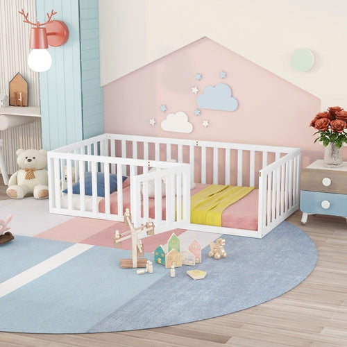 Twin Size Montessori Floor Bed with Fence & Door