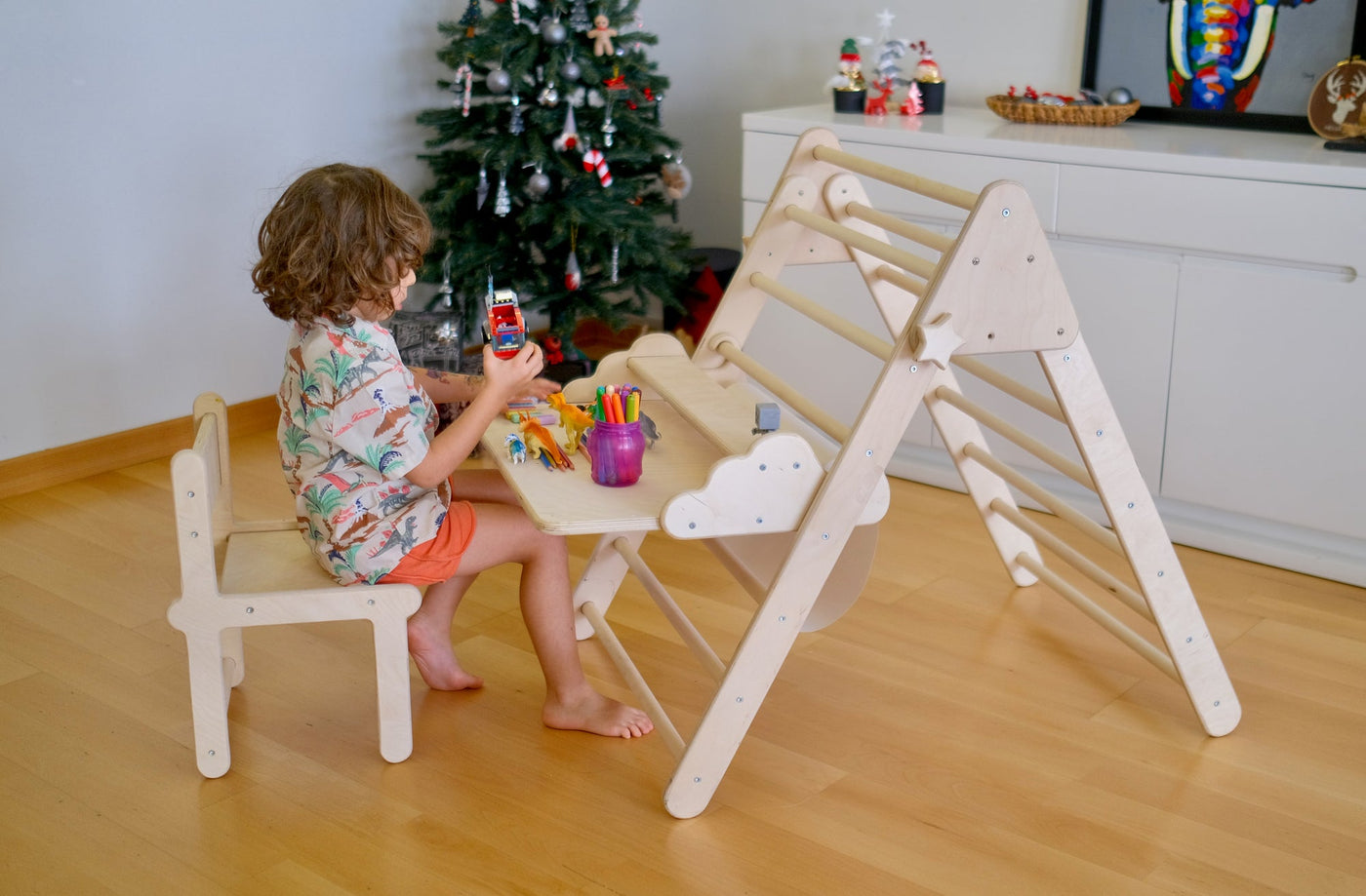 Foldable Montessori Climbing Triangle Set with Portable Table
