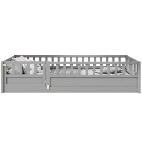 MontessoriPlay™ – Twin Size Wooden Floor Bed with Safety Rails & Door