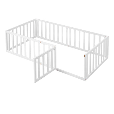 Twin Size Montessori Floor Bed with Fence & Door