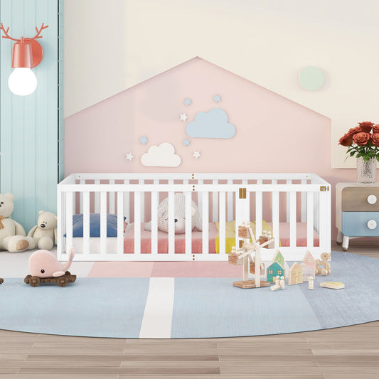 Twin Size Montessori Floor Bed with Fence & Door